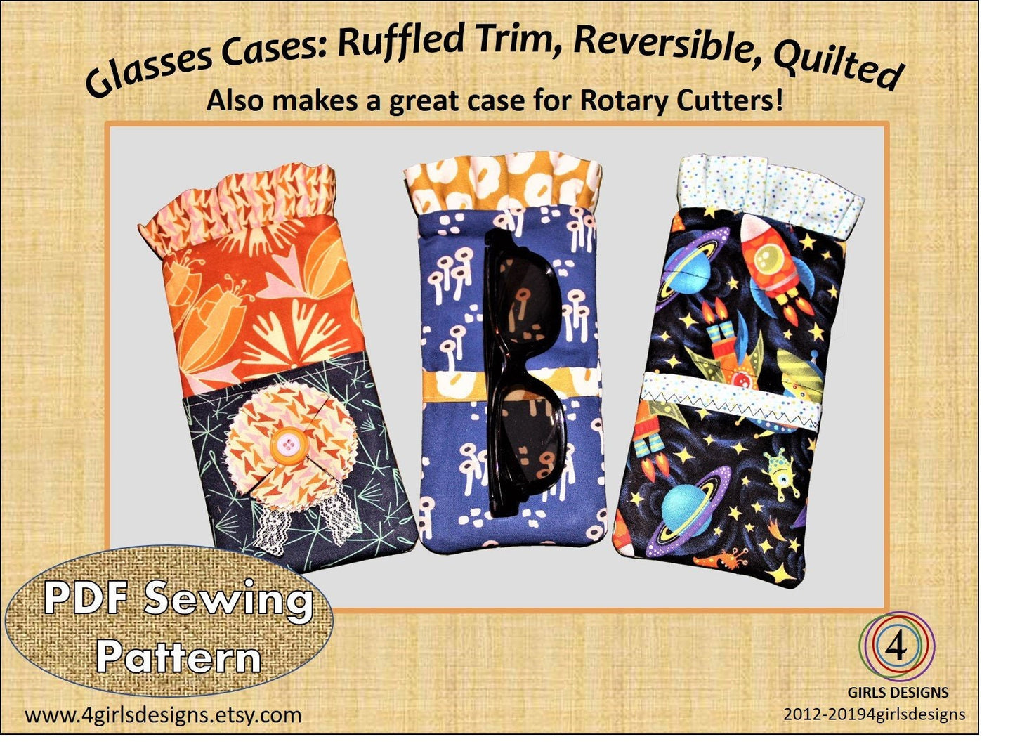 Stylish Glasses Case PDF Sewing Pattern INSTANT DOWNLOAD for Case with Ruffled Trim, Reversible, Quilted-Also Great for Rotary Cutters
