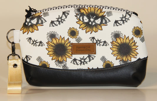 Clematis Wristlet with Bats and Sunflower Custom Print Faux Leather