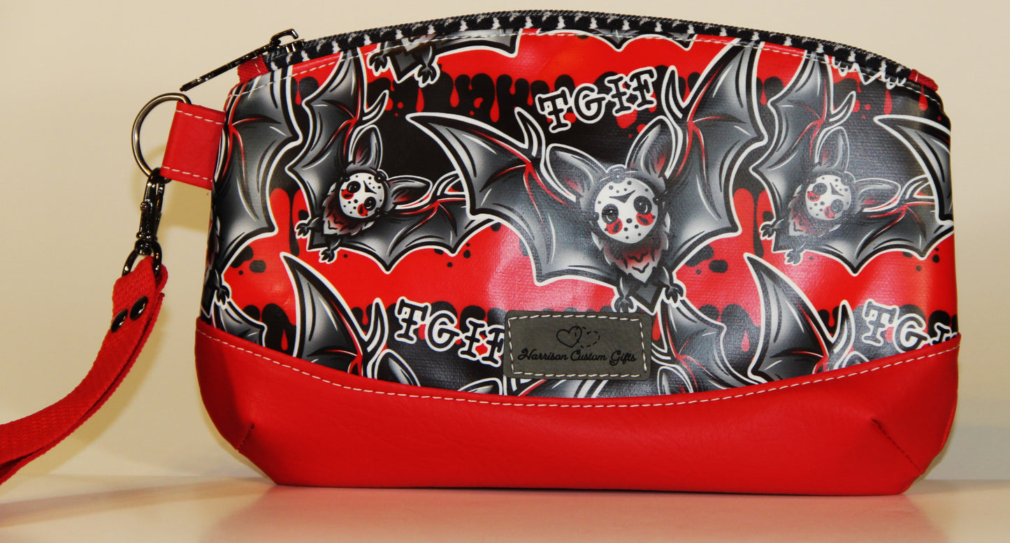 TGIF Masked Bat Print on Vegan Leather Clematis Wristlet