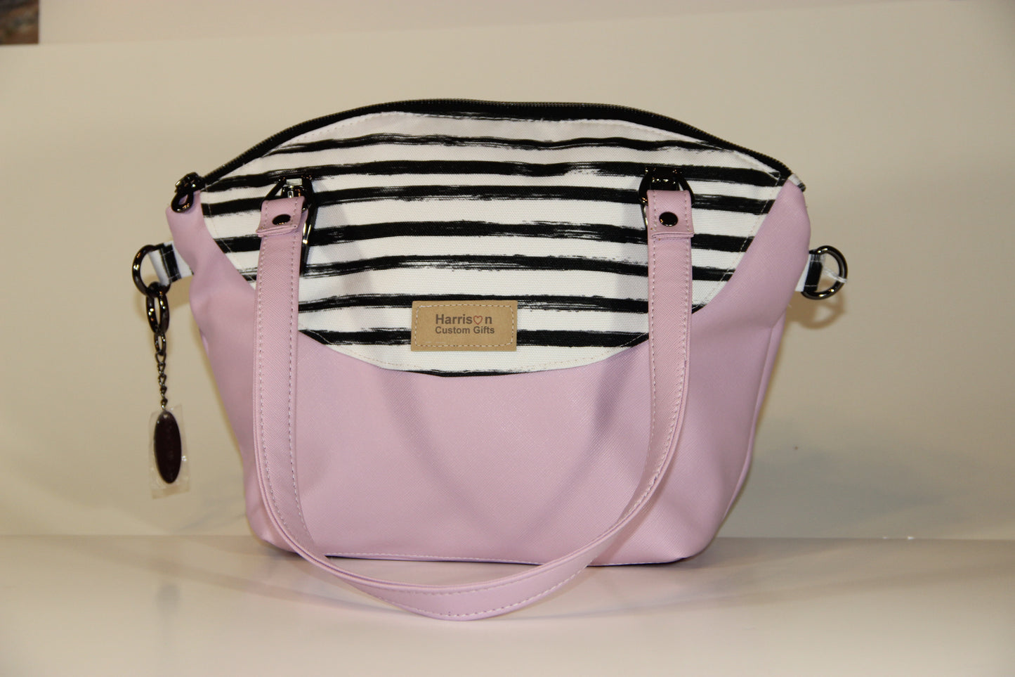 Custom Designer Handbag with Designer Hardware Pink/Navy & White Stripe Vinyl