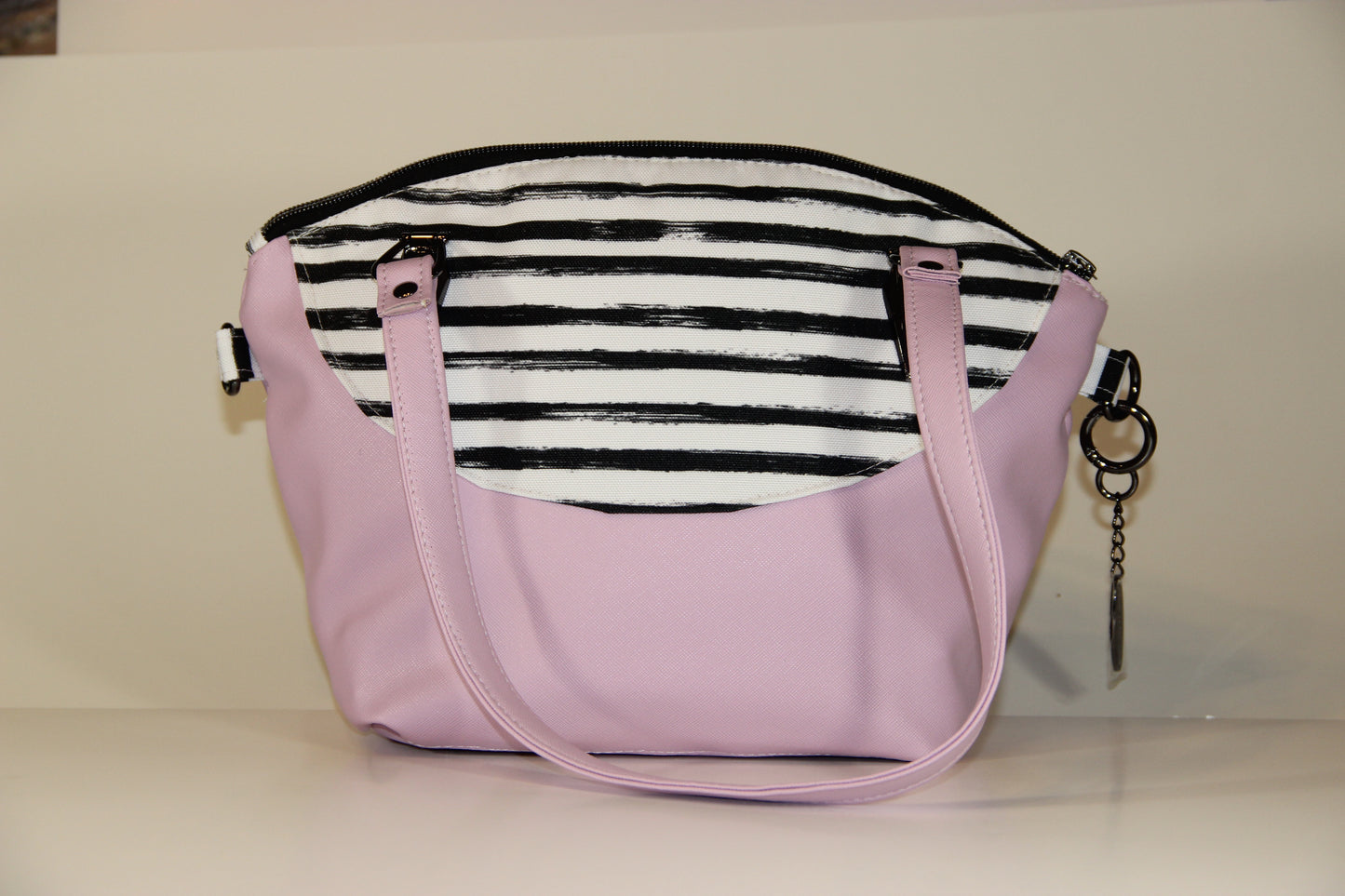 Custom Designer Handbag with Designer Hardware Pink/Navy & White Stripe Vinyl