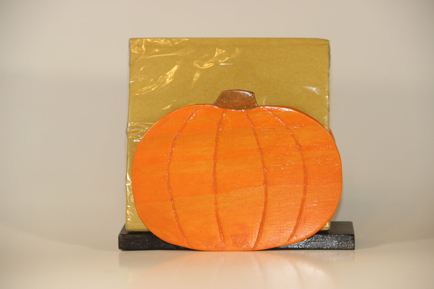 Natural Orange Stained Wood Pumpkin Shaped Napkin Holder