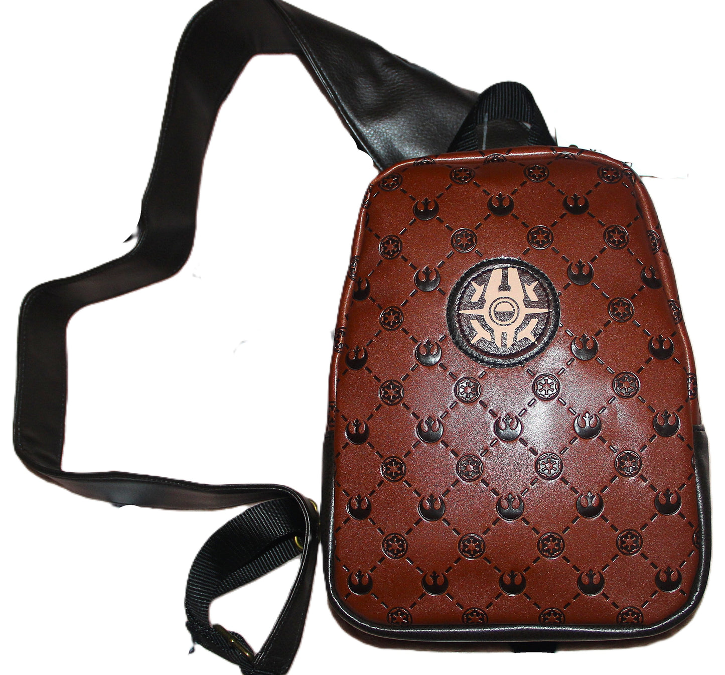 Scoundrel Symbol Medallion featured on Brown on Dark Brown Debossed Quilted Look Faux Leather Unisex Sling Bag