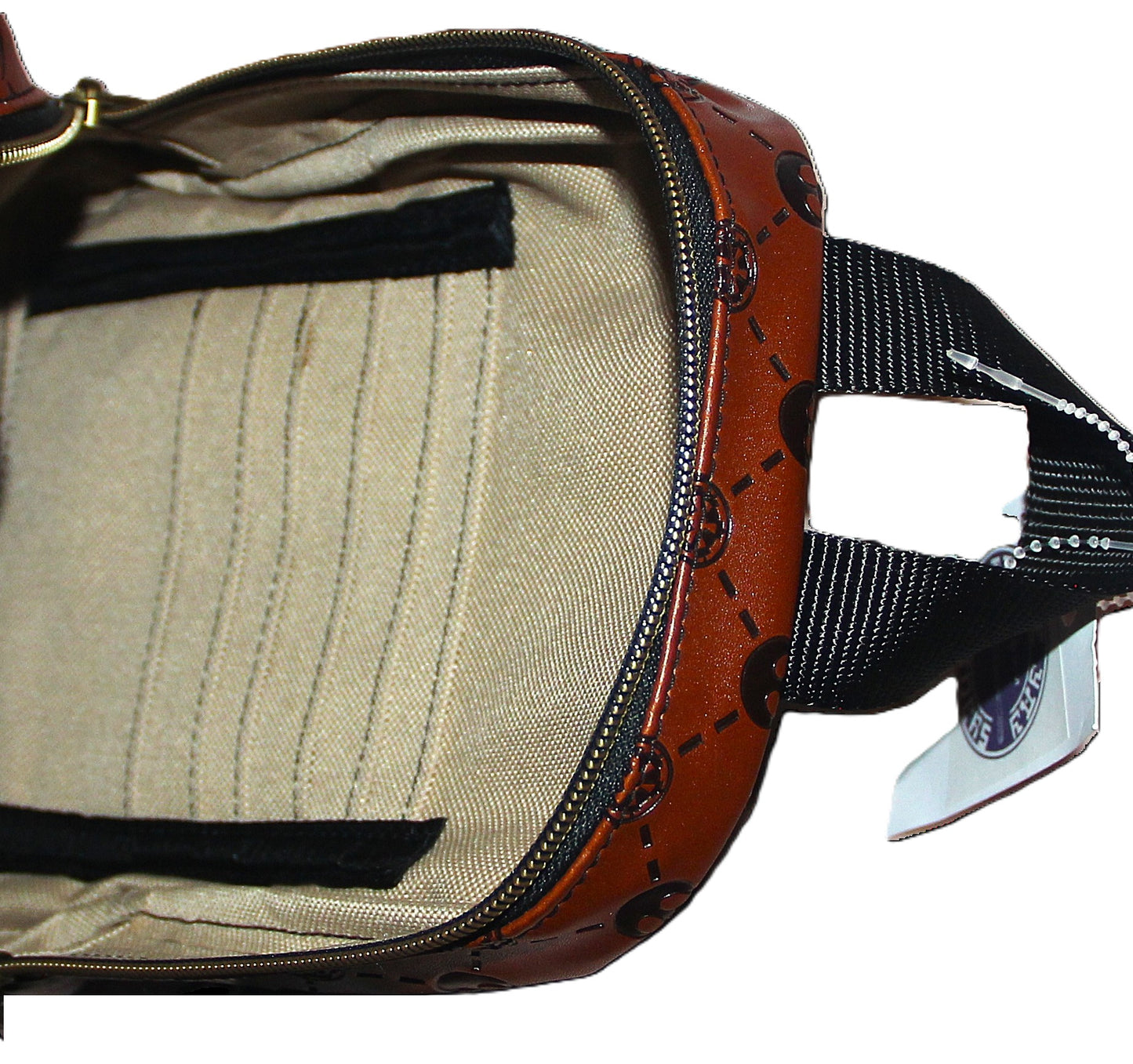 Scoundrel Symbol Medallion featured on Brown on Dark Brown Debossed Quilted Look Faux Leather Unisex Sling Bag
