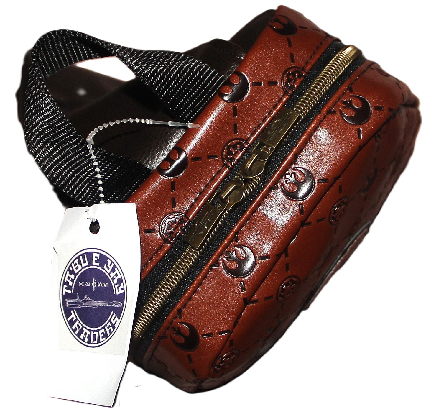 Scoundrel Symbol Medallion featured on Brown on Dark Brown Debossed Quilted Look Faux Leather Unisex Sling Bag