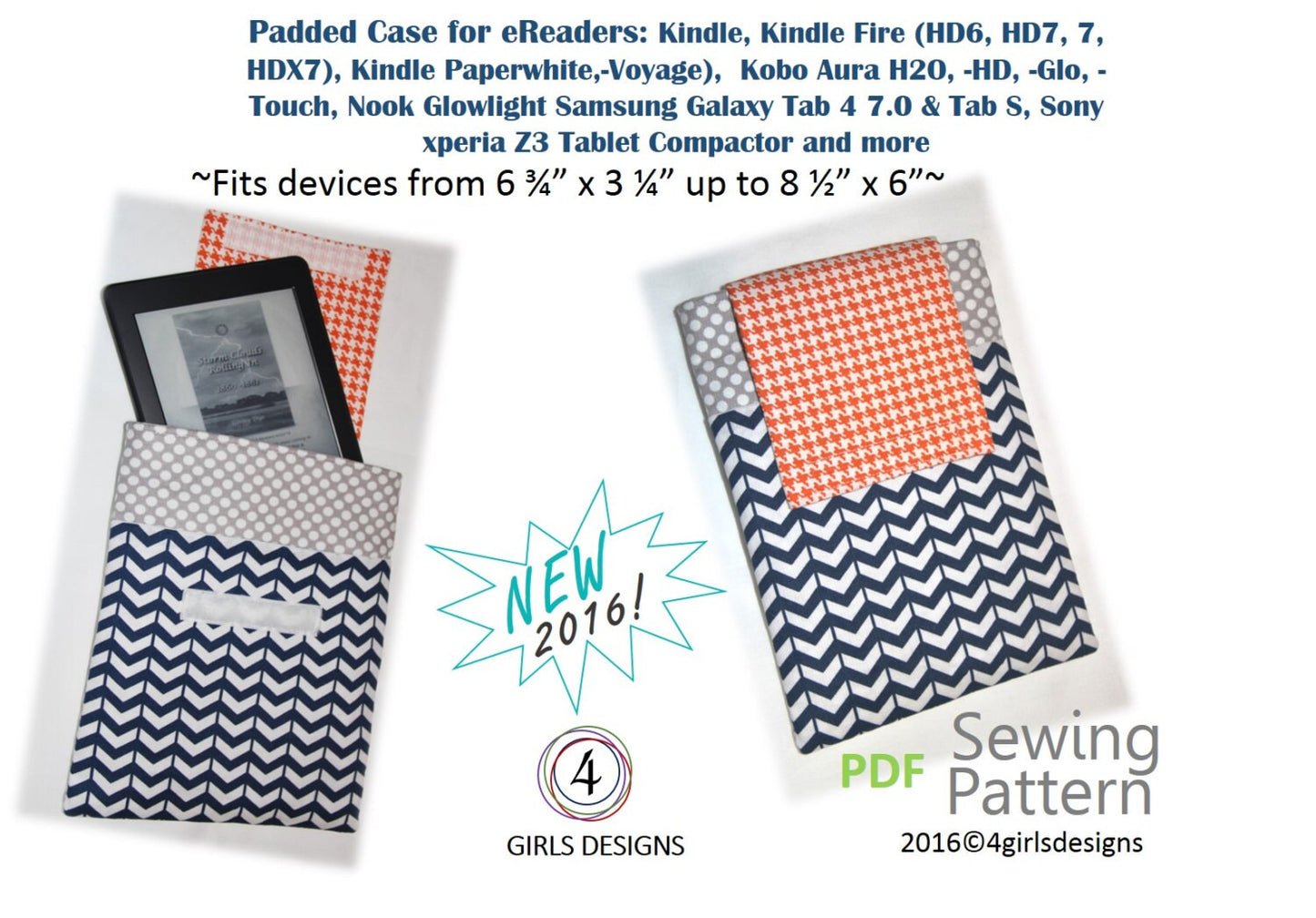 Instant Download PDF Sewing Pattern: Very Easy Padded Case for eReaders. Devices from 6 3/4" by 3 1/4" up to 8 1/2" by 6" Make it today