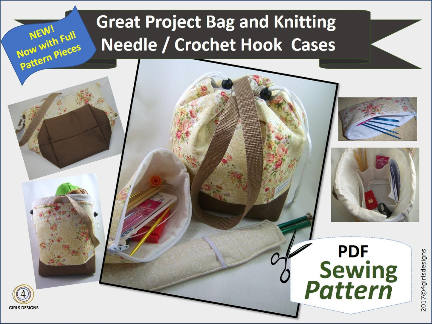 Great Padded Project Bag Sewing Pattern, PDF, including Needle Case, Needle Sleeve Sewing Pattern. Organizing Knitting and Crochet Supplies