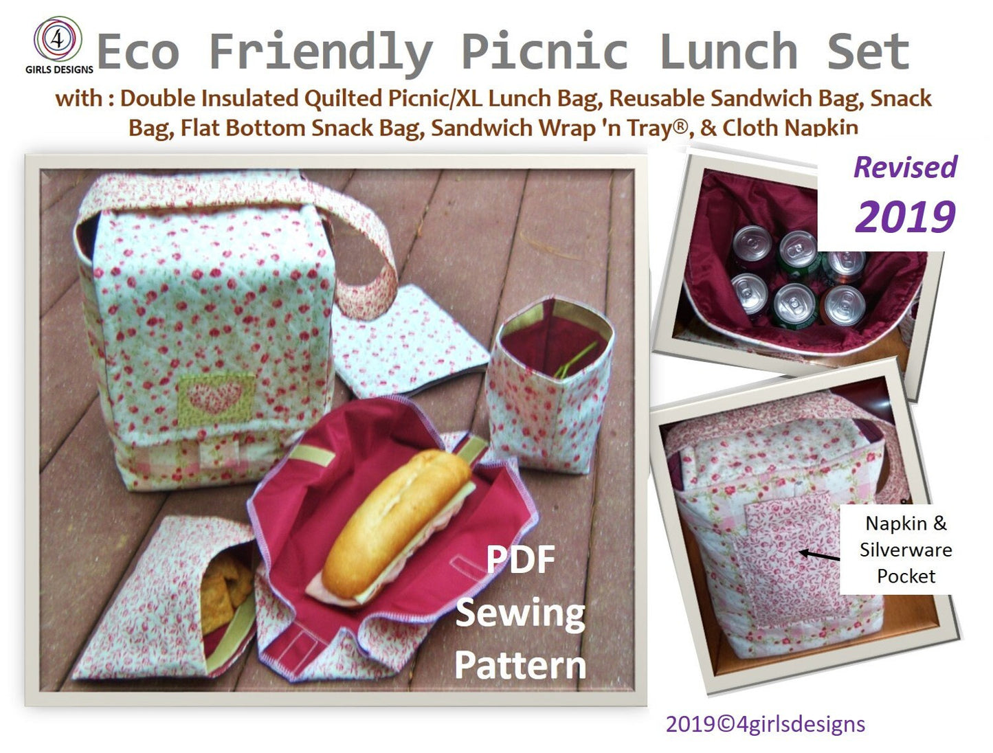 Instant Download Eco Friendly Picnic Lunch Set PDF Sewing Pattern. Lunch Bag. Sandwich Bag, Snack Bag. Fabric Napkin. Sandwich Wrap. 2019