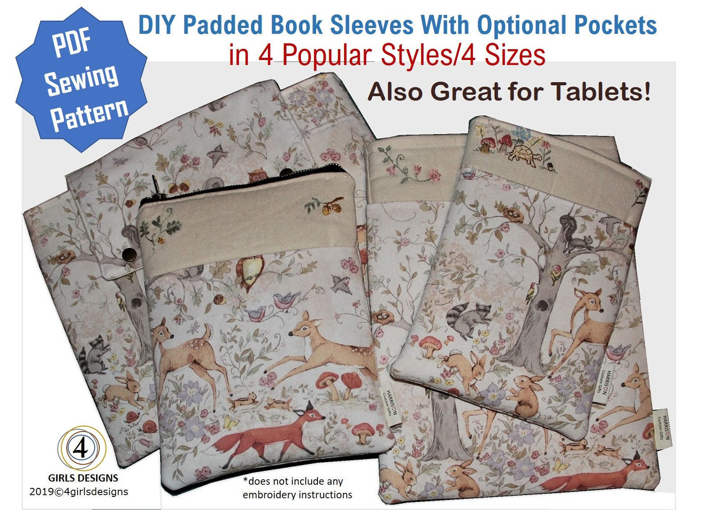 DIY Padded Book Sleeves with Optional Pockets. 4 Sizes in 4 Popular Styles. Also Great for Tablets and eReaders.