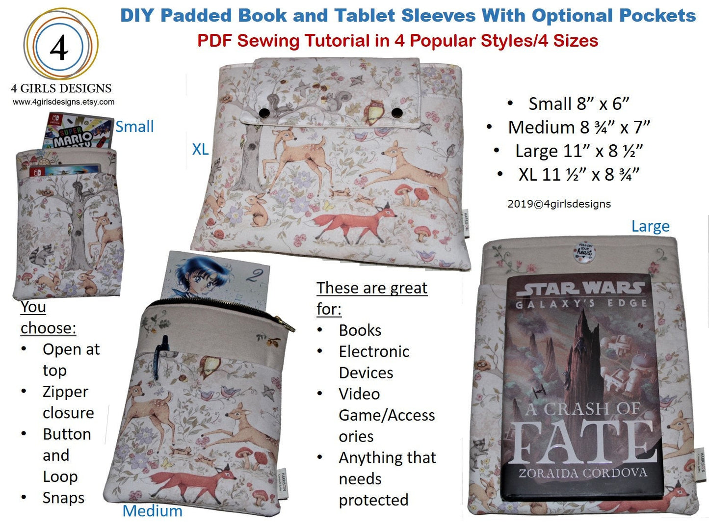 DIY Padded Book Sleeves with Optional Pockets. 4 Sizes in 4 Popular Styles. Also Great for Tablets and eReaders.