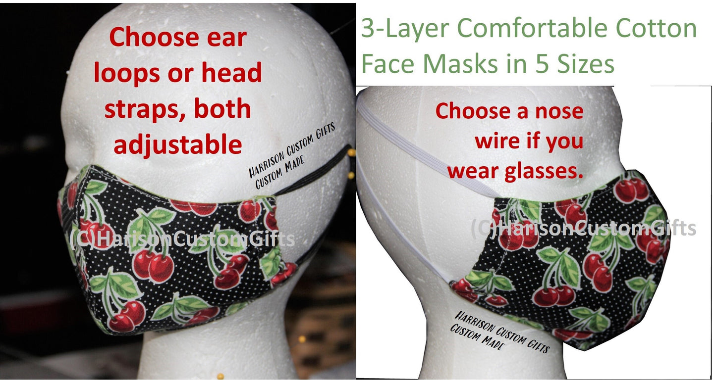 Sew Your Own Face Masks. Multiple Layers 3-D Face Masks. Ear Loops/Head Straps. 5 Sizes from Child to Adult. Nose Wires. Comfortable.