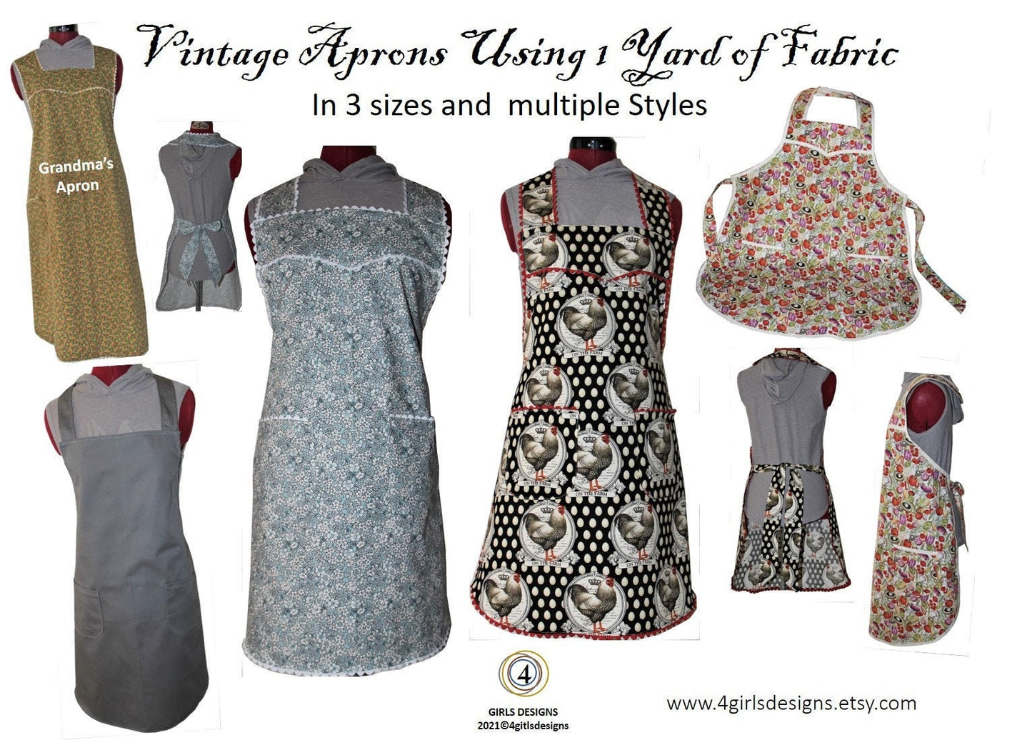 Vintage Apron PDF Sewing Pattern Using 1 Yard of Fabric. Gender Neutral. Easy Apron Pattern with Pockets. Immediate Download. 34 Pages