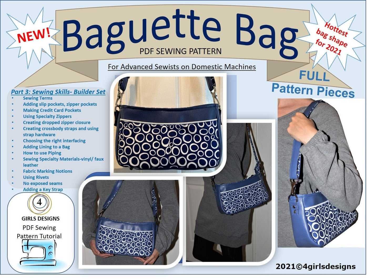 Instant Download Betty Baguette Bag PDF Sewing Pattern with Full Tutorial, Baguette Bag, Handmade Sewing. Video Available. Original Pattern