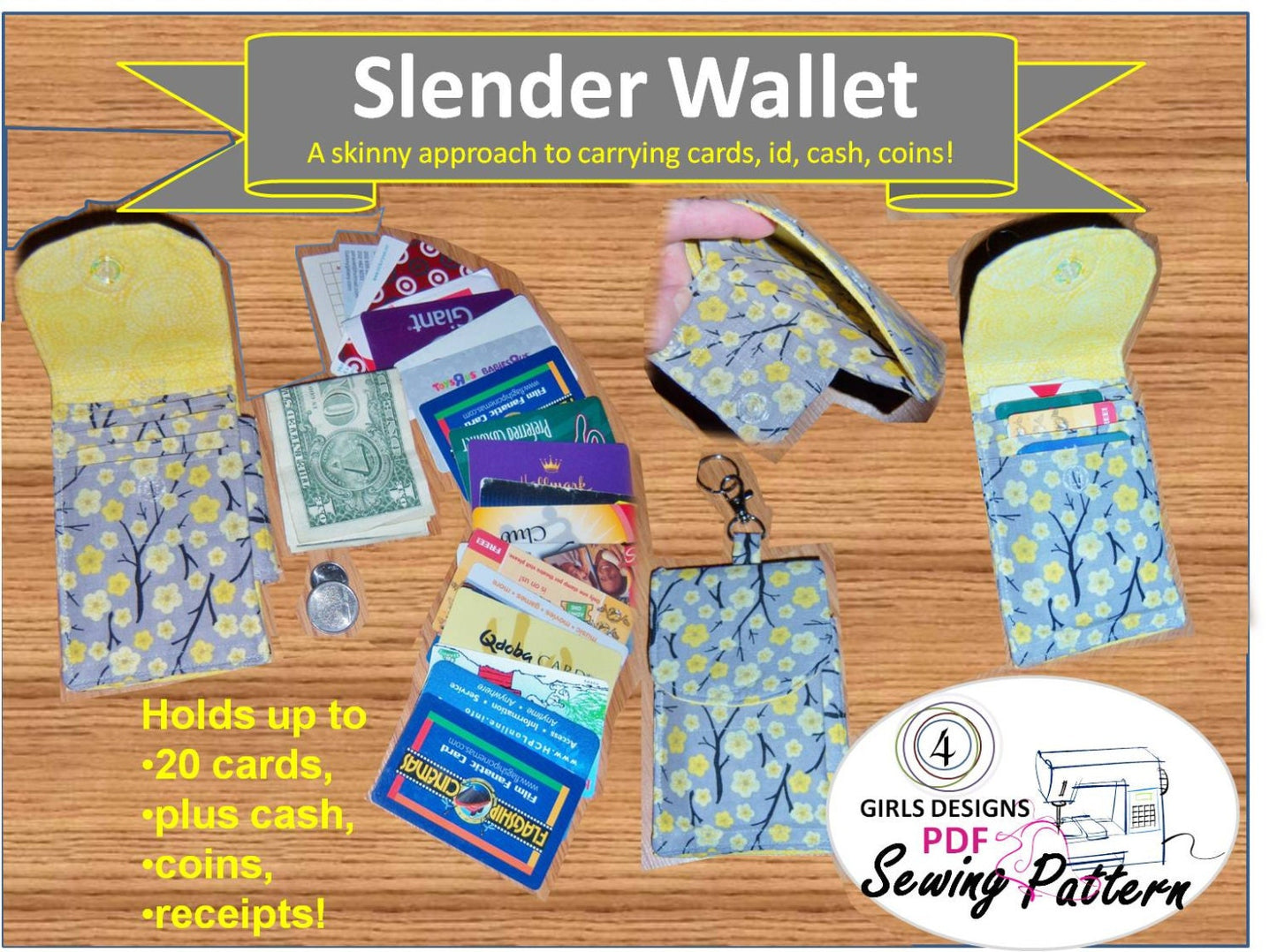 New Slender Wallet PDF Sewing Pattern INSTANT DOWNLOAD : A Skinny Approach to Carrying Cards, iD, Cash, Coins