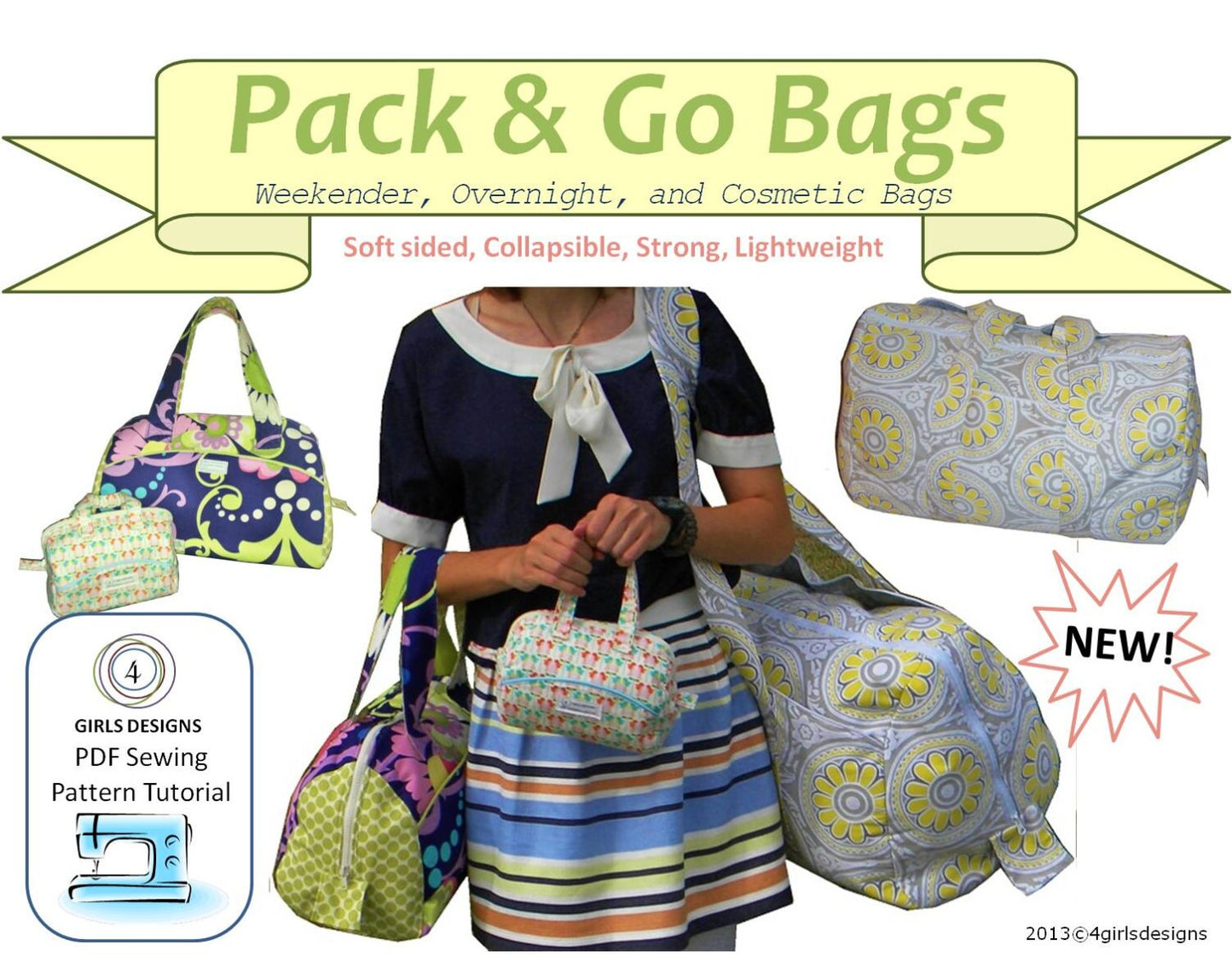 Travel Bag Sewing Pattern PDF Instant Download for New Pack and Go Bags. Soft Sided, Collapsible, Strong and Lightweight Bags in Three Sizes