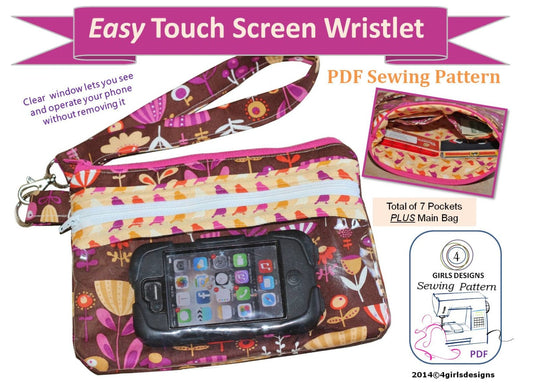 Instant Download PDF Sewing Pattern: Easy Touch Screen Wristlet -Use your phone without taking it out or as an ITA bag to show off pins, etc
