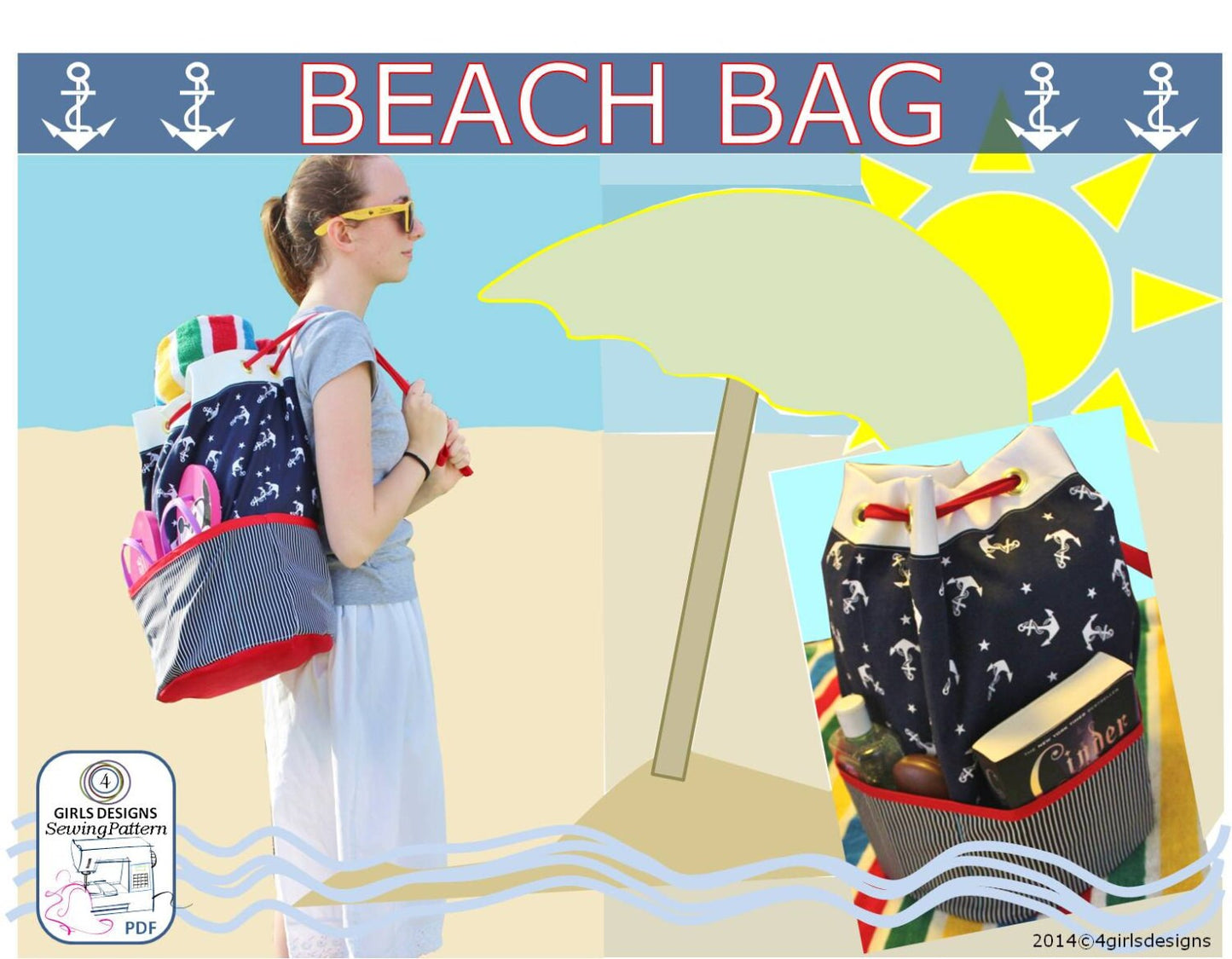 Make It Yourself Beach Bag with Multiple Inside and Outside Pockets, Drawstring Strap, Reversible, Instant Download PDF Sewing Pattern