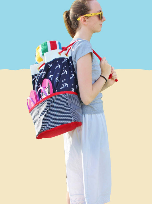 Make It Yourself Beach Bag with Multiple Inside and Outside Pockets, Drawstring Strap, Reversible, Instant Download PDF Sewing Pattern
