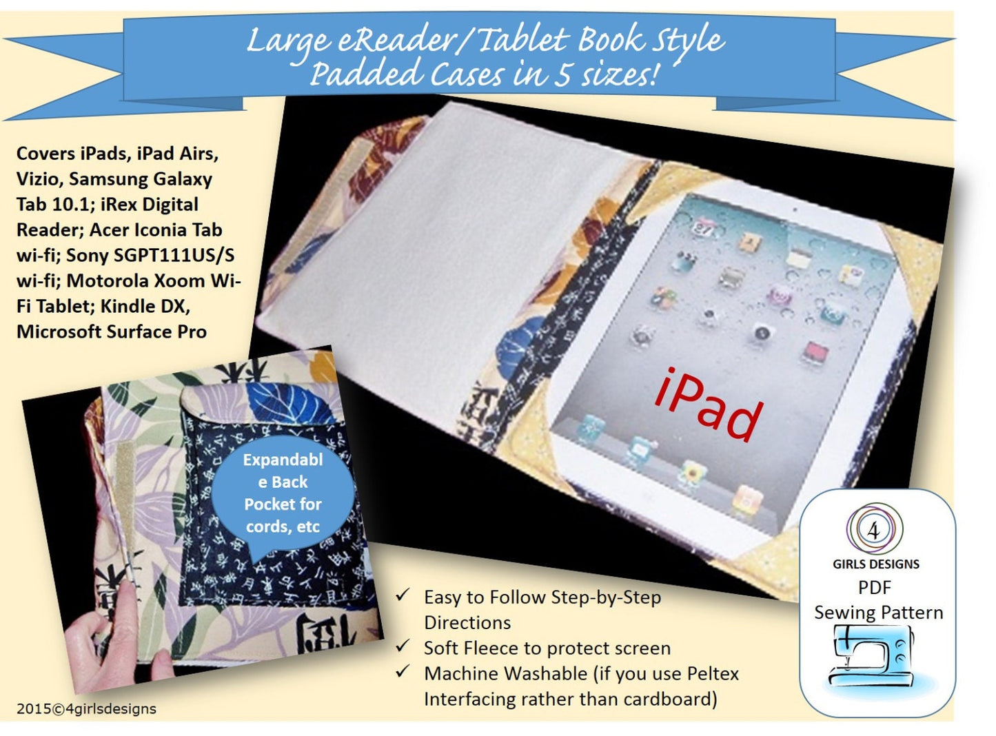 iPad Book Case Sewing Pattern in 5 Sizes for Many Tablets-Padded, Structured, Instant Download