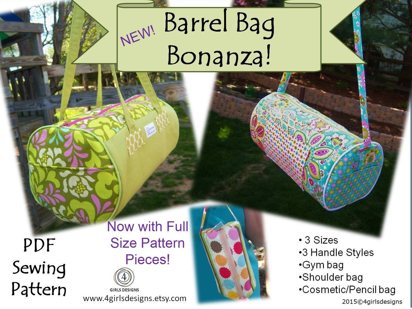 Baguette Bag Sewing Pattern. PDF Sewing Pattern for Barrel Bag: 3 Sizes, 3 Strap Styles-Full Size Pattern Pieces. Instant download