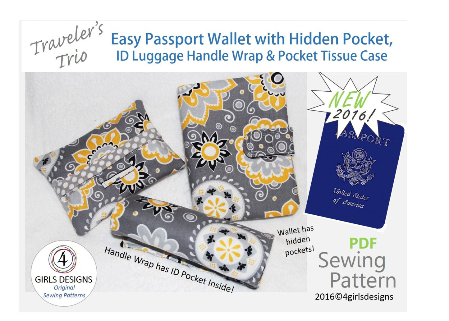 Travel Trio PDF Sewing Pattern. NEW. Passport Wallet with Secret Pockets. Luggage Handle Wrap with ID Pocket. Stay Closed Pocket Tissue Case